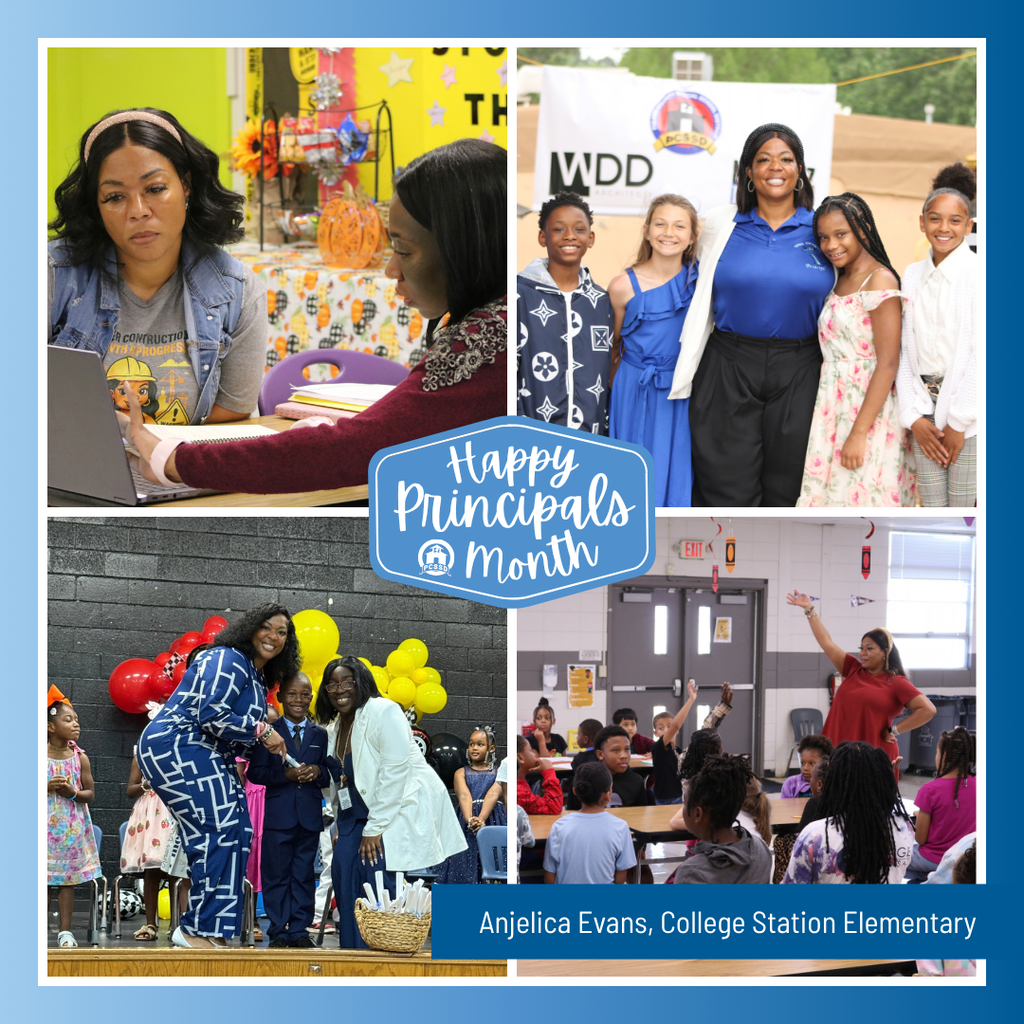 A collage image of College Station Elementary Principal Anjelica Evans" that says "Happy Principals Month" with the PCSSD logo.