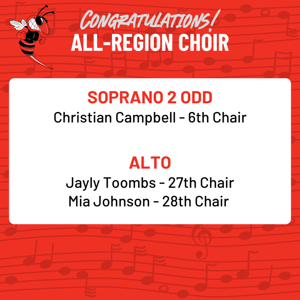 Alt text: Graphic titled "Congratulations All-Region Choir" featuring the Maumelle Middle School logo on a blue sheet music background. It lists 3 student results by section: Soprano 2 Odd (Christian Campbell - 6th Chair); Alto Odd (Jayly Toombs - 27th Chair, Mia Johnson - 28th Chair).