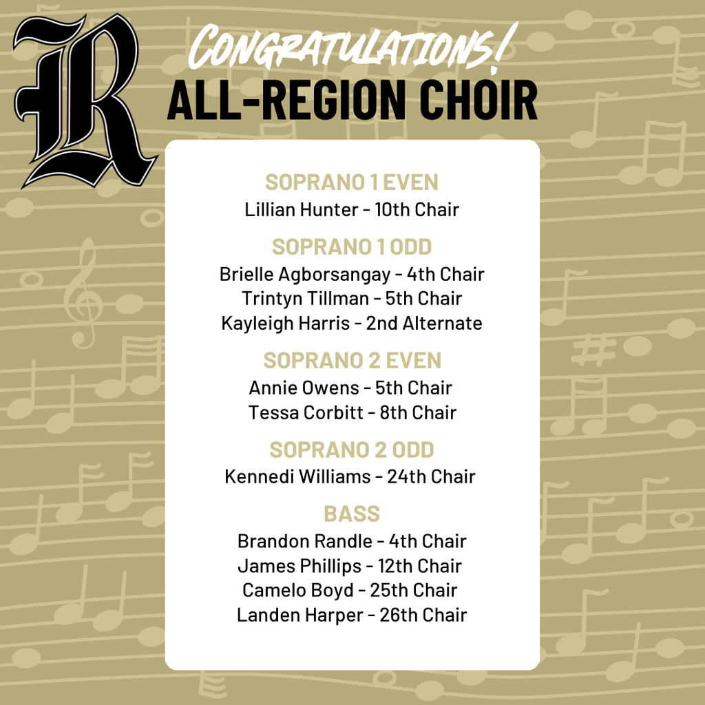 Alt text: Graphic titled "Congratulations All-Region Choir" featuring the Robinson High School logo on a blue sheet music background. It lists 11 student results by section: Soprano 1 Even (Lillian Hunter - 10th Chair); Soprano 1 Odd (Brielle Agborsangay - 4th Chair, Trintyn Tillman - 5th Chair, Kayleigh Harris - 2nd Alternate); Soprano 2 Even (Annie Owens - 5th Chair, Tessa Corbitt - 8th Chair); Soprano 2 Odd (Kennedi Williams - 24th Chair); Bass (Brandon Randle - 4th Chair, James Phillips - 12th Chair, Camelo Boyd - 25th Chair, Landen Harper - 26th Chair)