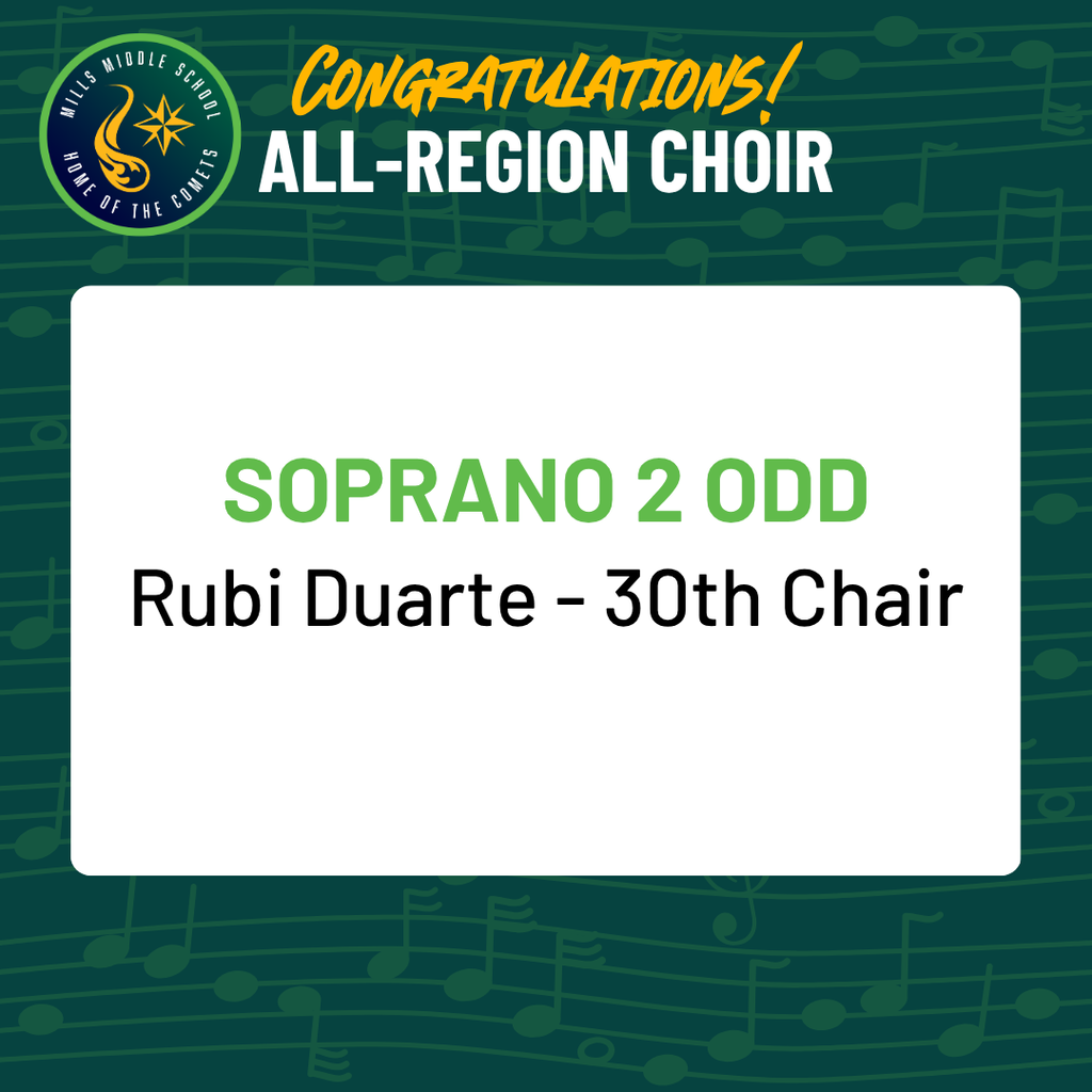 Graphic titled "Congratulations All-Region Choir" featuring the Mills Middle School logo on a blue sheet music background. It lists 1 student result: Soprano 2 Odd (Rubi Duarte - 30th Chair).