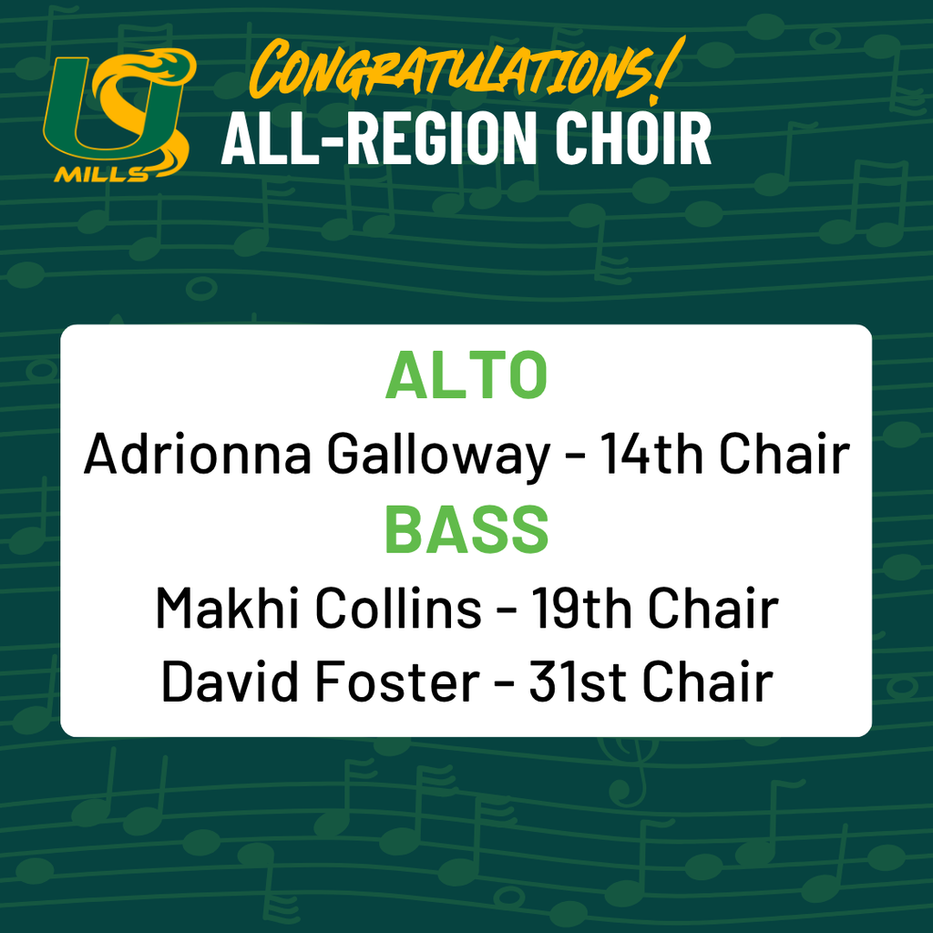 Graphic titled "Congratulations All-Region Choir" featuring the Mills High School logo on a blue sheet music background. It lists 3 student results by section: Alto Even (Adrionna Galloway - 14th Chair); Bass (Makhi Collins - 19th Chair, David Foster - 31st Chair).