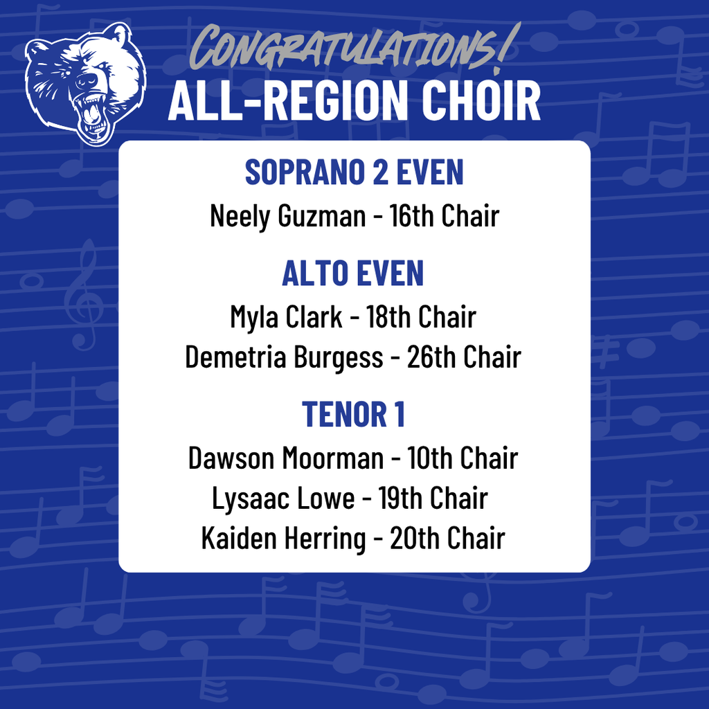 Graphic titled "Congratulations All-Region Choir" featuring the Sylvan Hills Middle School logo on a blue sheet music background. It lists 6 student results by section: Soprano 2 Even (Neely Guzman - 16th Chair); Alto Even (Myla Clark - 18th Chair, Demetria Burgess - 26th Chair); Tenor 1 (Dawson Moorman - 10th Chair, Lysaac Lowe - 19th Chair, Kaiden Herring - 20th Chair).