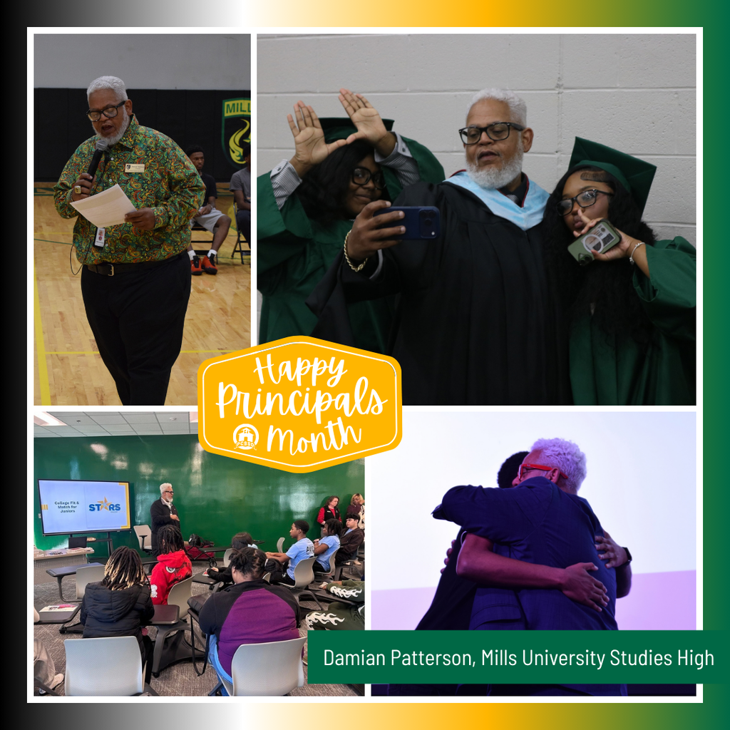 A collage image of Damian Patterson, Principal of Mills University Studies High School, that says "Happy Principals Month" with the PCSSD logo.