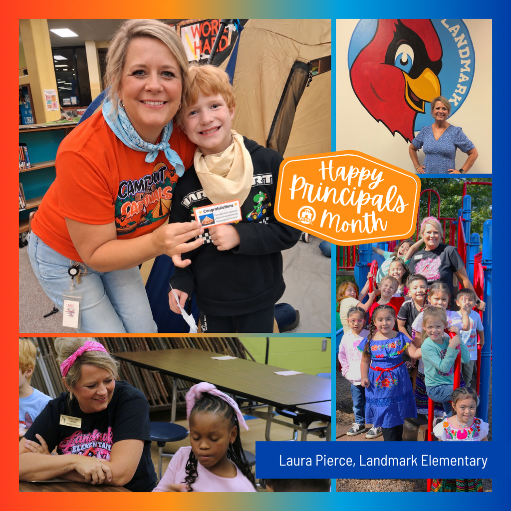 A collage image of Laura Pierce, Principal of Landmark Elementary, that says "Happy Principals Month" with the PCSSD logo.