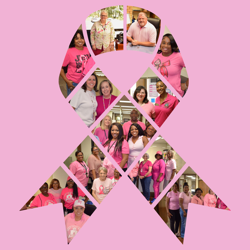 A pink breast cancer awareness ribbon graphic filled with photos of Pulaski County Special School District employees participating in Pink Out Day.