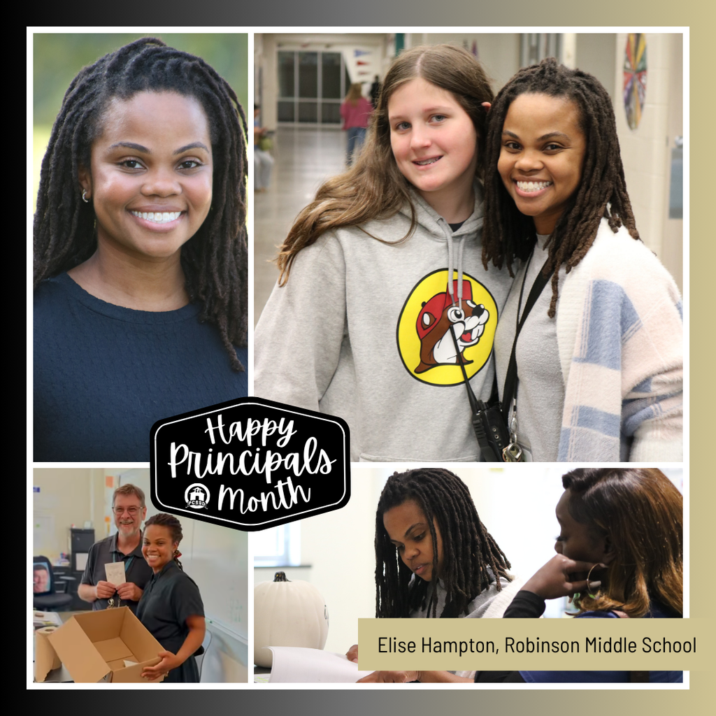 A collage image of Elise Hampton, Principal of Joe T. Robinson Middle School, that says "Happy Principals Month" with the PCSSD logo.