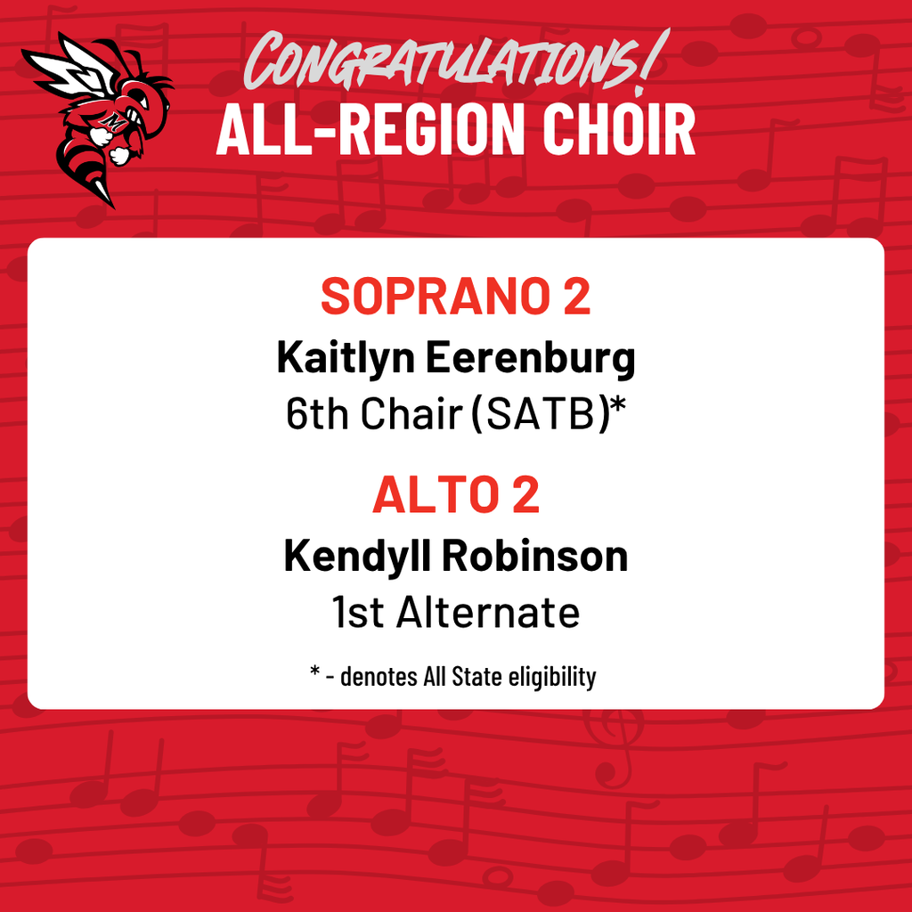 Graphic titled "CONGRATULATIONS! ALL-REGION CHOIR" featuring the Maumelle High School Hornet logo against a red background with musical notation. Soprano 2 Kaitlyn Eerenburg – 6th Chair (SATB)* Alto 2 Kendyll Robinson – 1st Alternate * - denotes All State eligibility