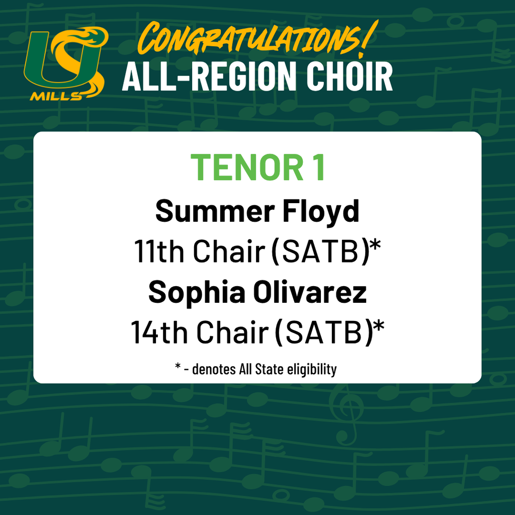 Graphic titled "CONGRATULATIONS! ALL-REGION CHOIR" featuring the Mills High School logo against a green background with musical notation. Tenor 1 Summer Floyd – 11th Chair (SATB)* Sophia Olivarez – 14th Chair (SATB)* * - denotes All State eligibility
