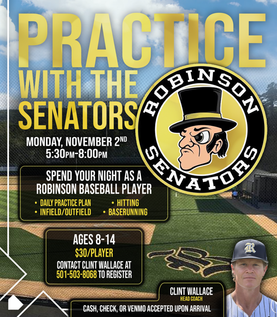 Spend Your Night as a Robinson Baseball Player Ages 8-14 Monday, November 2, 2026 5:30 pm -8:00 pm 
