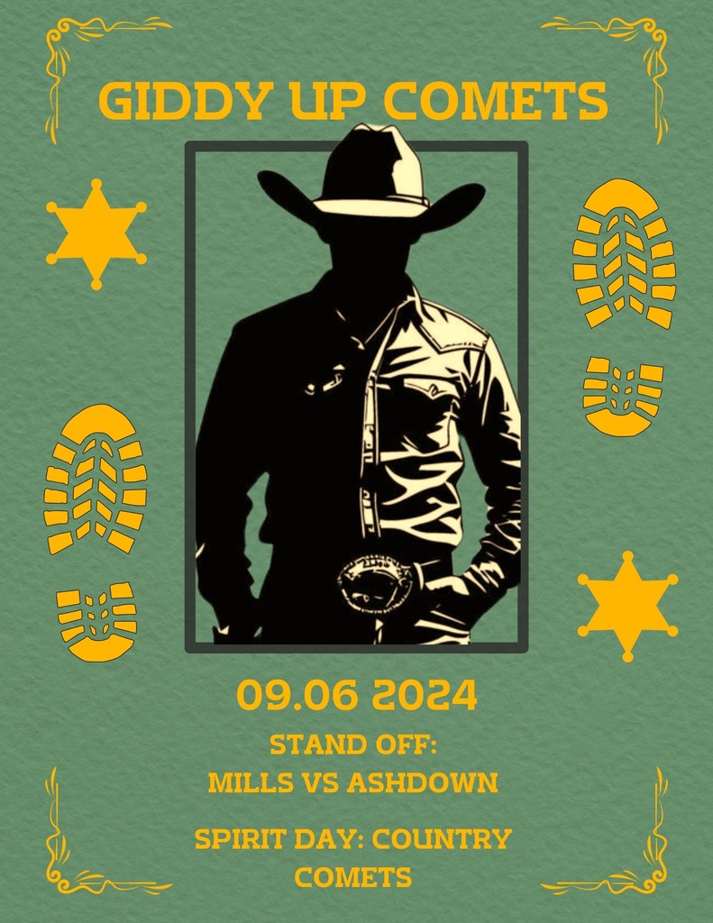 Graphic of a cowboy for "Giddy Up Comets" spirit day.