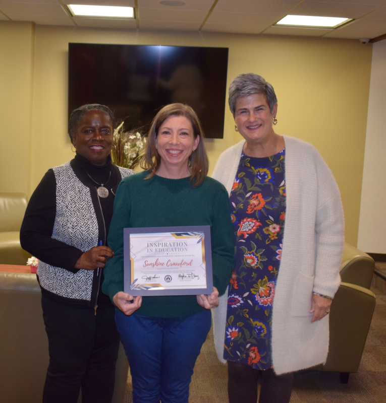 Photo of award Sunshine Crawford with Dr. Janice Warren and Dr. Kim Trusloow