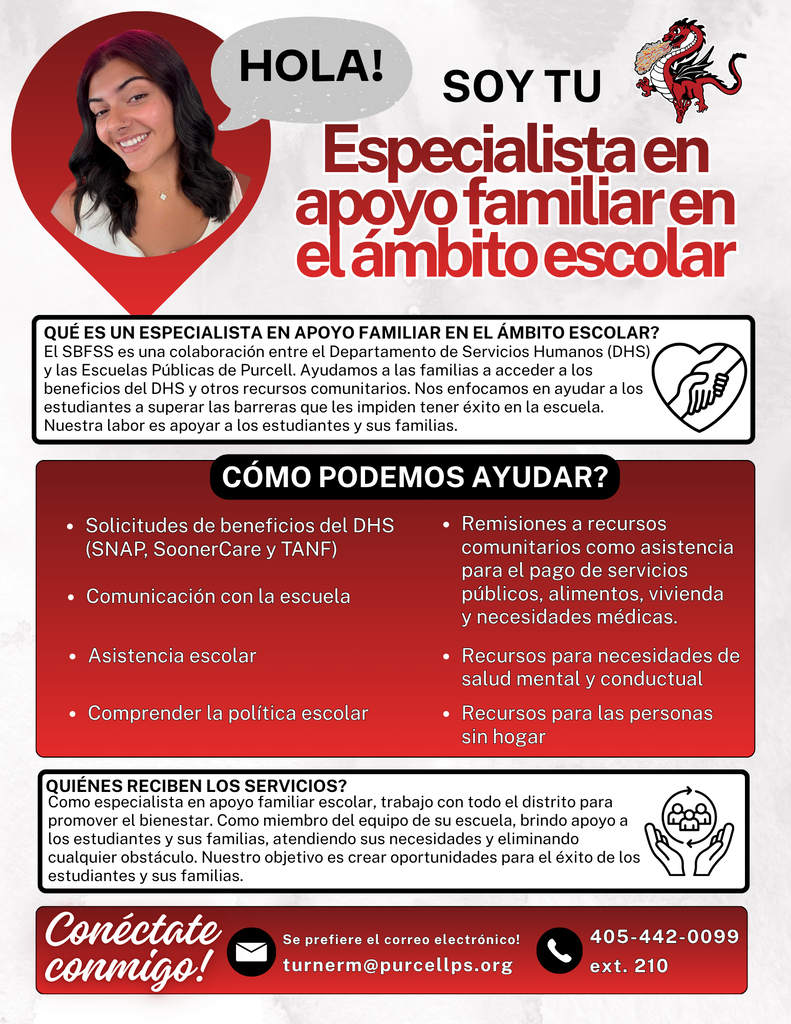 Folleto informativo sobre especialistas de apoyo familiar en las escuelas. Los especialistas escolares colaboran con OKDHS para brindar asistencia y apoyo a los estudiantes. También trabajan en estrecha colaboración con estudiantes, familias, personal y miembros de la comunidad para eliminar cualquier obstáculo que enfrenten los estudiantes. Además, pueden derivar a las familias a otros recursos.