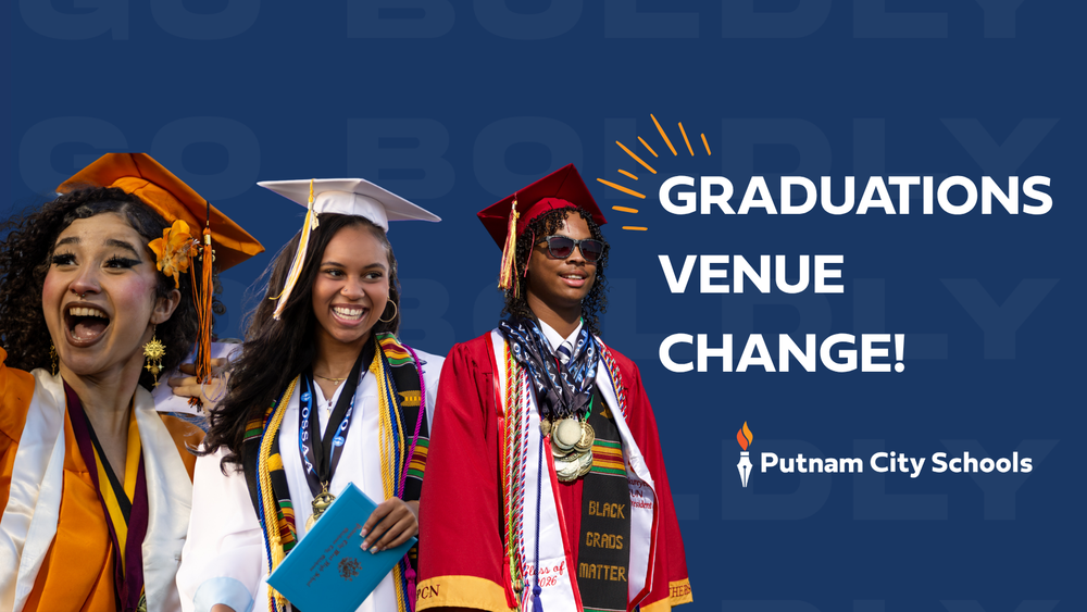 graduations venue change graphic with three grads pictured