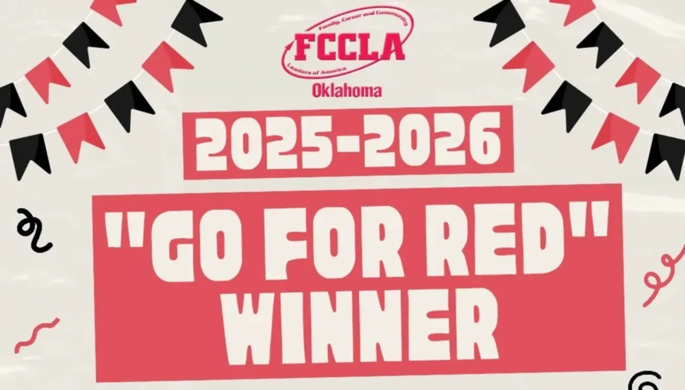 Image depicts snapshots of FCCLA students in red jackets. Text says, "FCCLA Oklahoma 2025-2026 Go For Red Winner"
