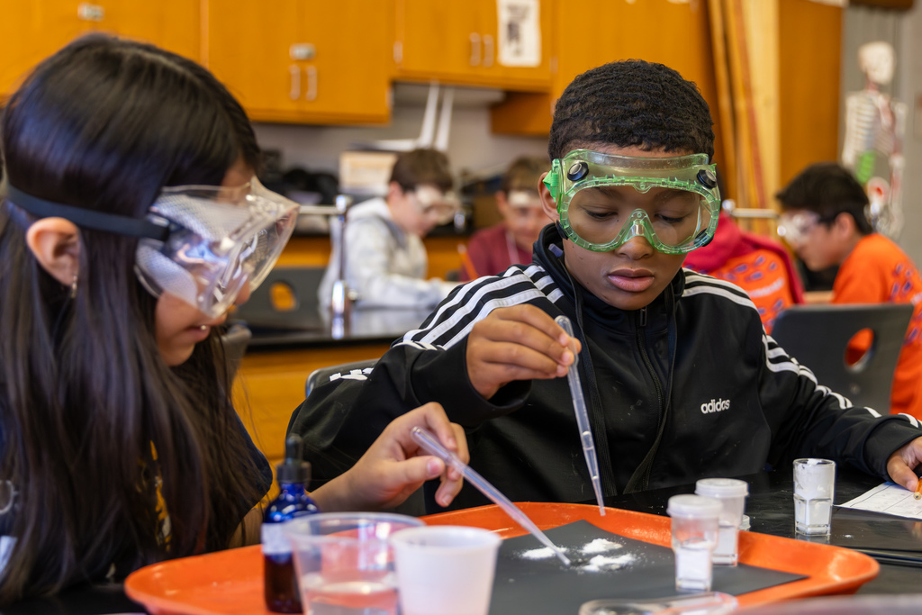 students dropping liquid onto a powder with a pipette