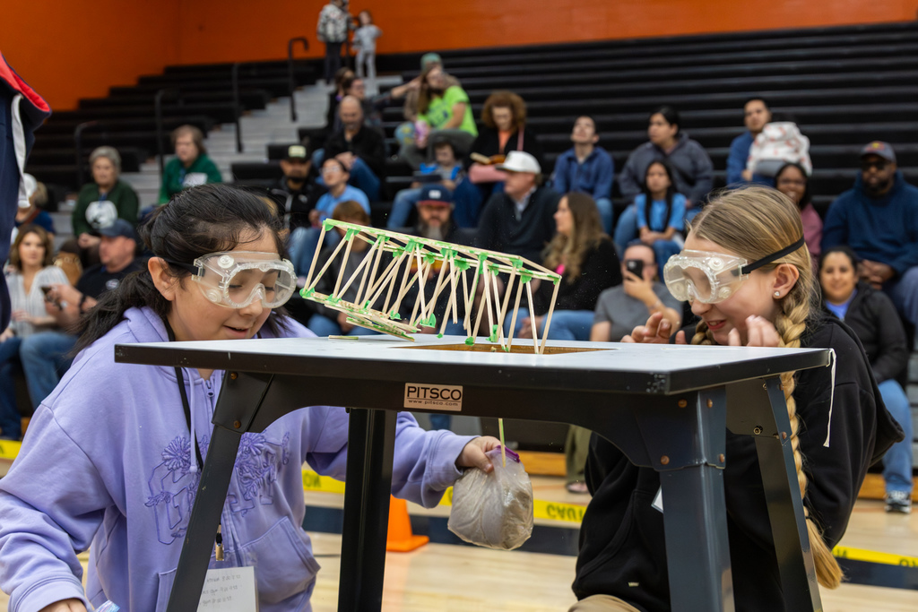 students flinching as a wooden bridge breaks under added weight