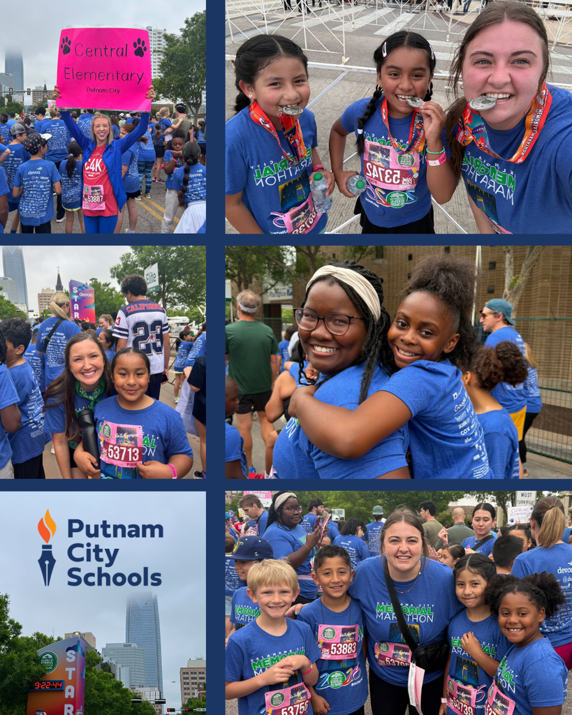 A collage of photos shows Putnam City students, staff, and families participating in the Oklahoma City Memorial Marathon, many wearing matching blue shirts and race bibs while smiling, posing together, and celebrating at the event.