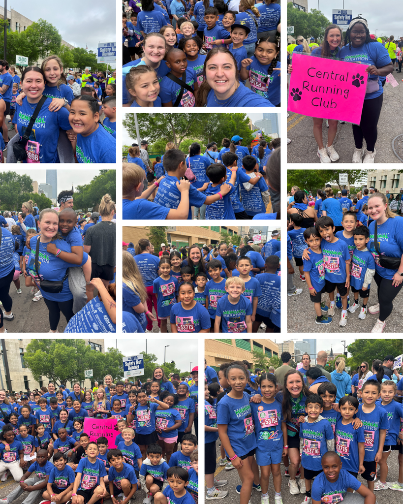 A collage of photos shows Putnam City students, staff, and families participating in the Oklahoma City Memorial Marathon, many wearing matching blue shirts and race bibs while smiling, posing together, and celebrating at the event.