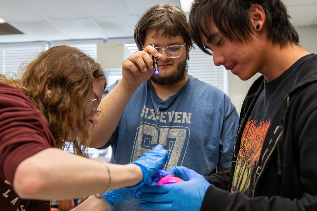 Group of students uses a UV flashlight to examine an object for hidden evidence during the lab.