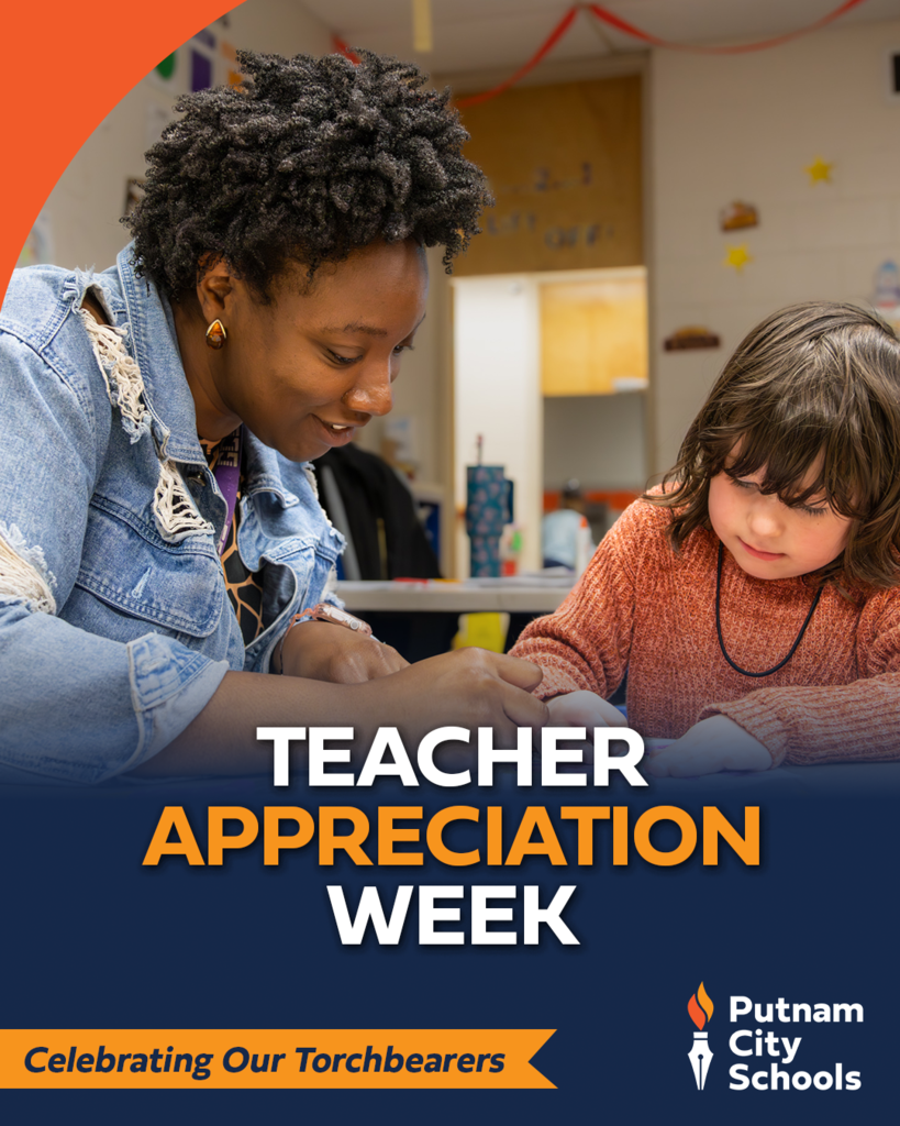 A Putnam City Schools Teacher Appreciation Week graphic shows a teacher smiling while helping a student work at a desk. Text on the graphic reads, “Teacher Appreciation Week,” “Celebrating Our Torchbearers,” and includes the Putnam City Schools logo.