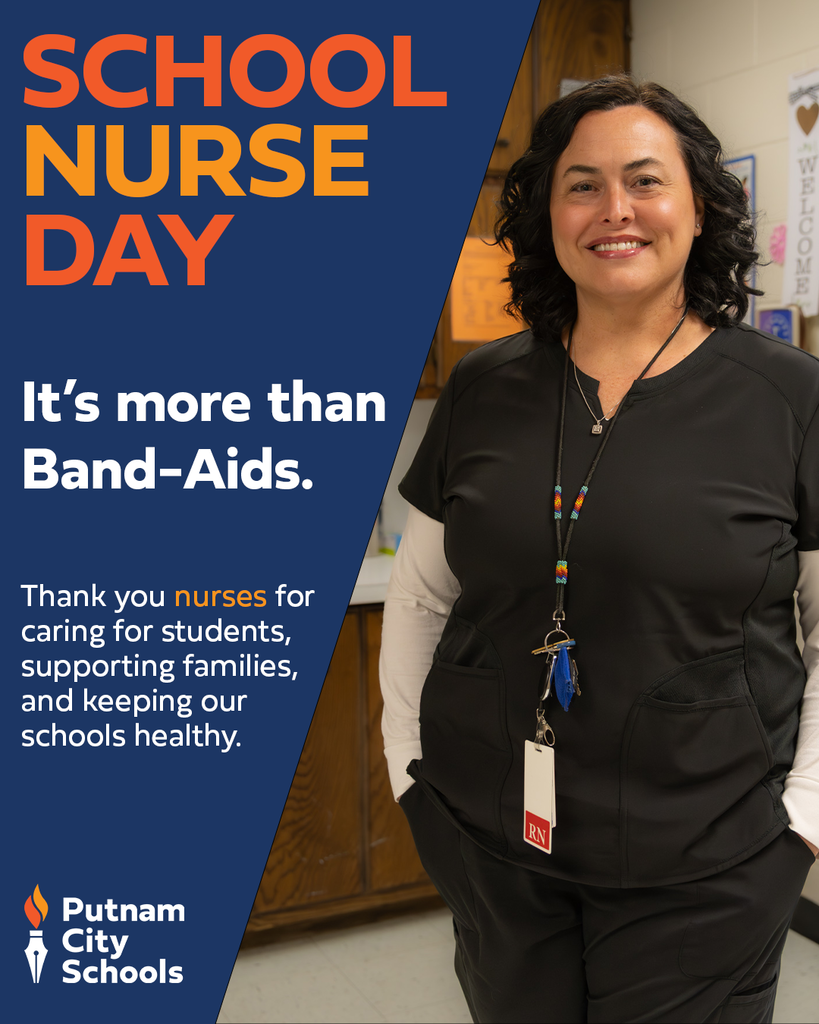 A School Nurse Day graphic from Putnam City Schools featuring a smiling school nurse in scrubs standing in a school health room. Text reads, “School Nurse Day. It’s more than Band-Aids. Thank you nurses for caring for students, supporting families, and keeping our schools healthy.”