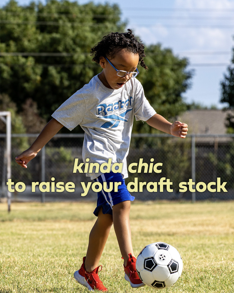 A student controls a soccer ball while running across the grass during recess. Text reads, “kinda chic to raise your draft stock.”