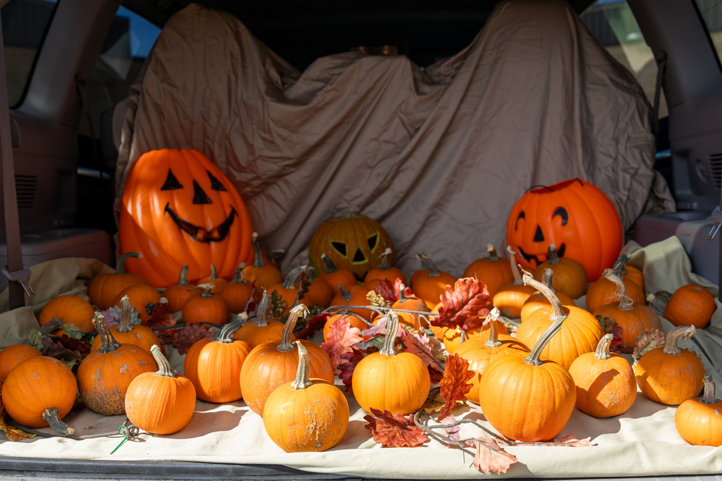 Detailed view of an open SUV trunk transformed into a portable pumpkin patch, filled with dozens of small pumpkins, faux fall leaves, and decorative jack-o'-lantern bucket accents.