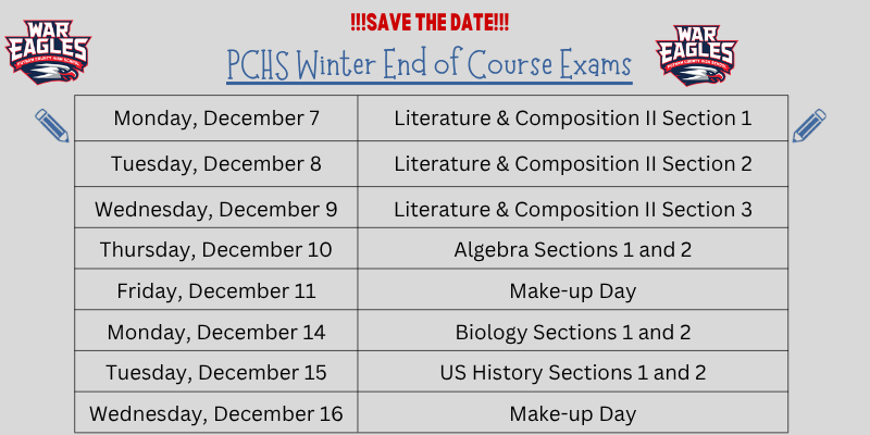 PCHS Winter EOC Exams
