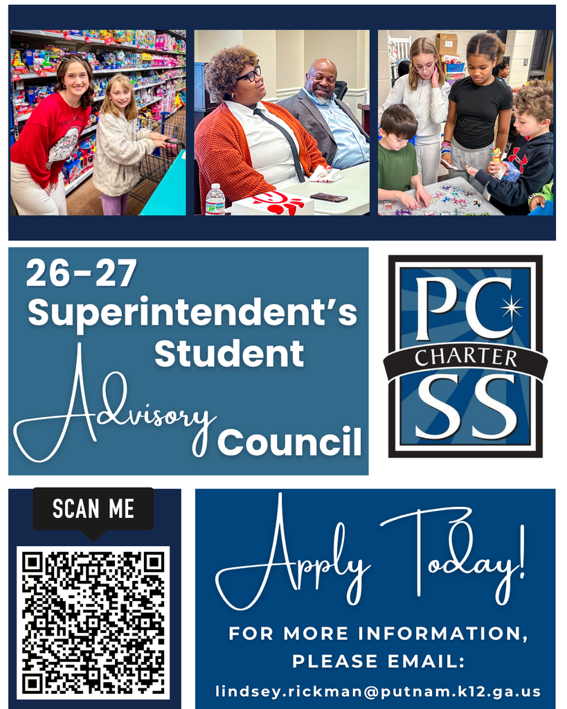 Blue and white poster for a school event. A QR code and email address are provided.