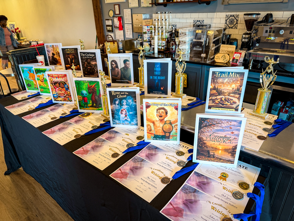 Display of awards and certificates on a table. Framed books and trophies. White frames with colorful covers.