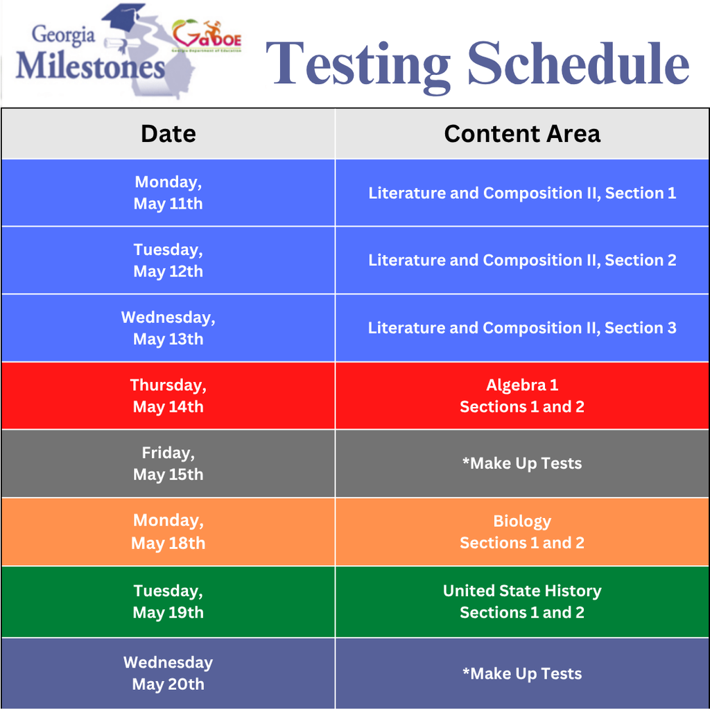 EOC Testing Schedule for Spring 2026
