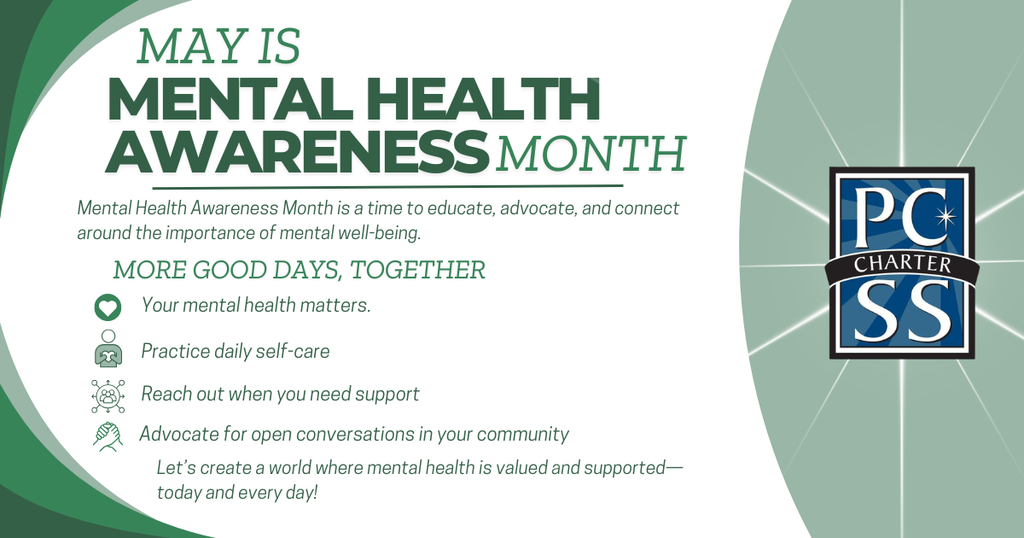 A white and green banner with bold text reads "May is Mental Health Awareness Month" at the top.