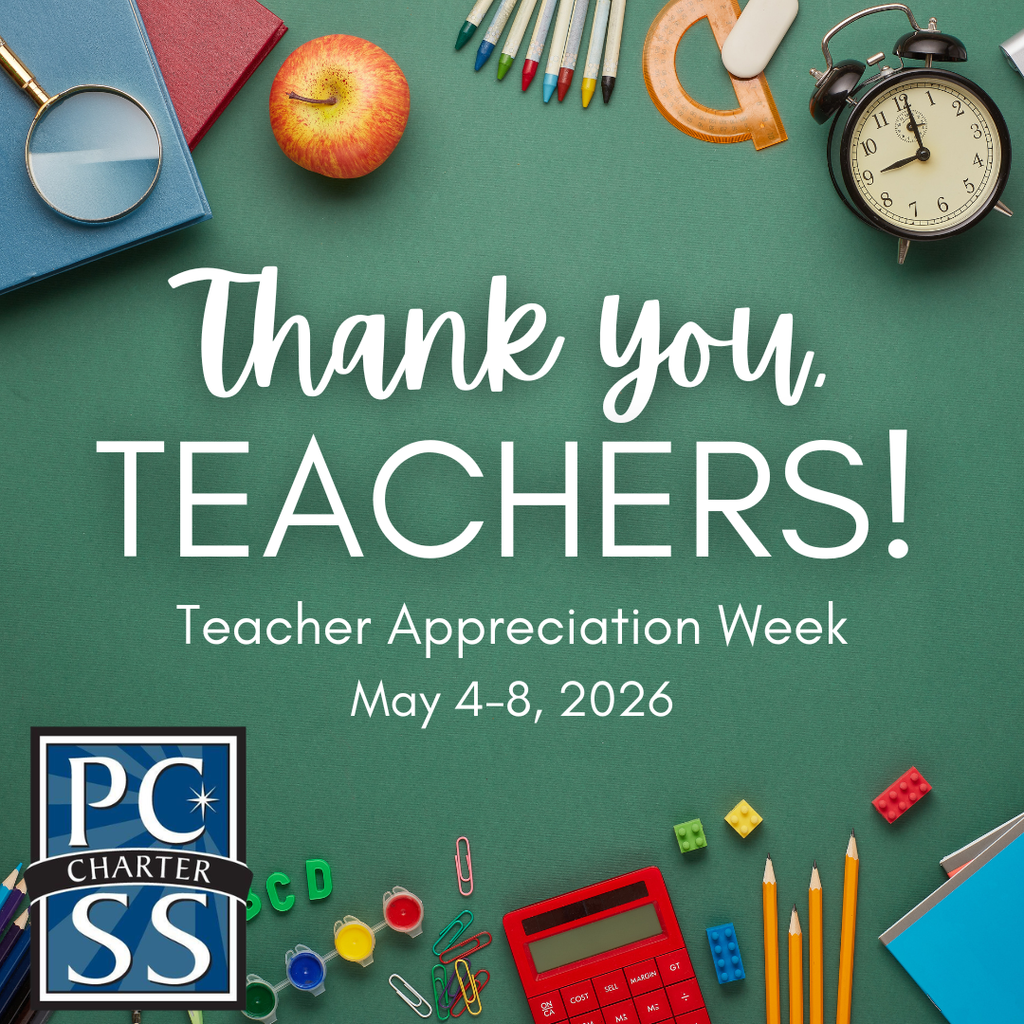 Green board with text reading "Thank you, TEACHERS!" and various school supplies, including pencils, an apple, and a calculator.