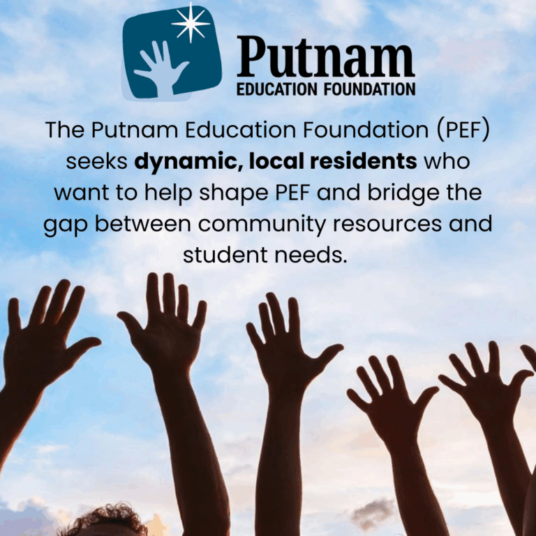 Raised hands against a sky background. Logo for Putnam Education Foundation above text about the organization's mission.