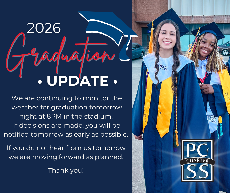 Two women in graduation gowns outside a building. "2026 Graduation Update" text is displayed. Weather monitoring for a graduation ceremony.