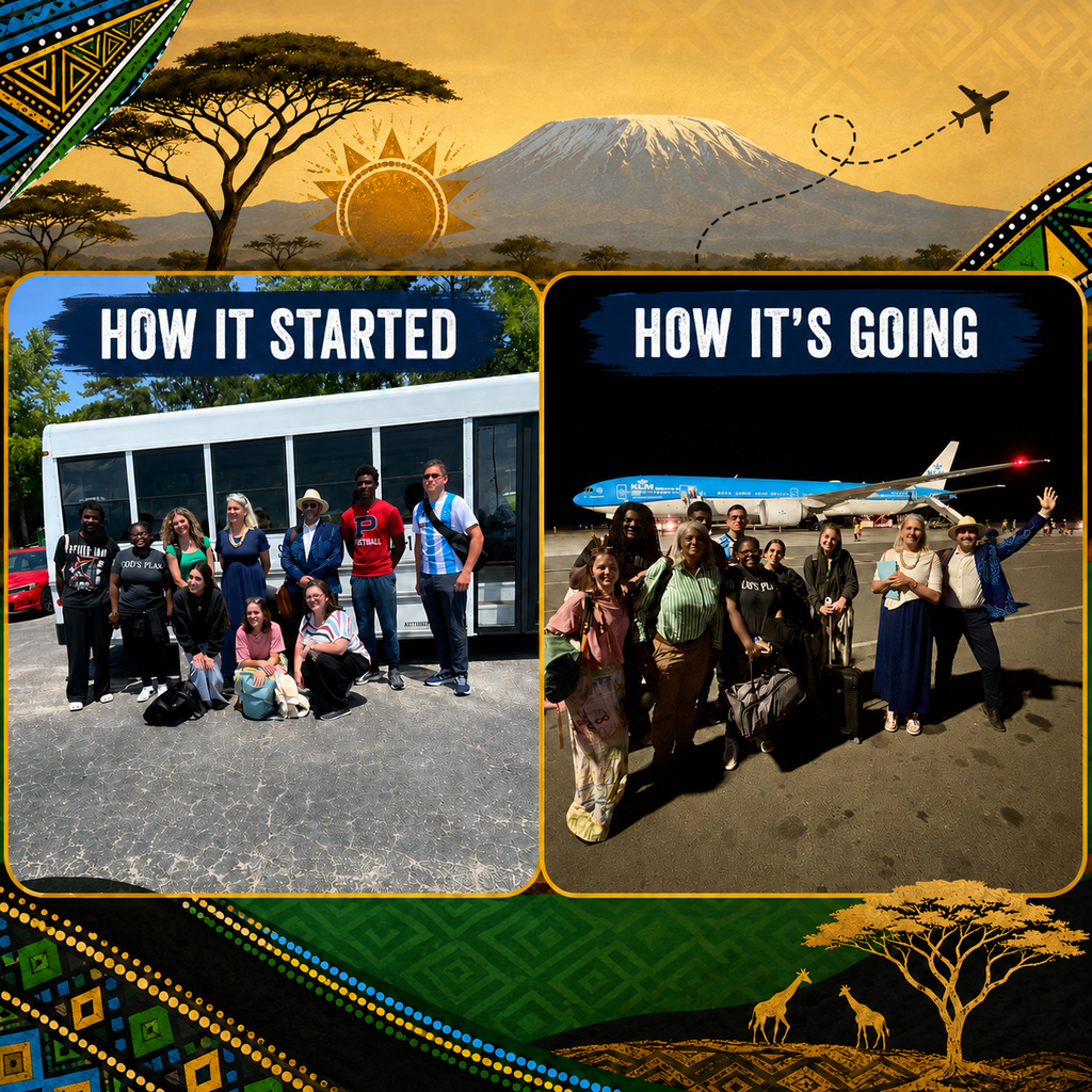 Two collages of a group, one by a bus and one by a plane, with a mountain and trees in the background.