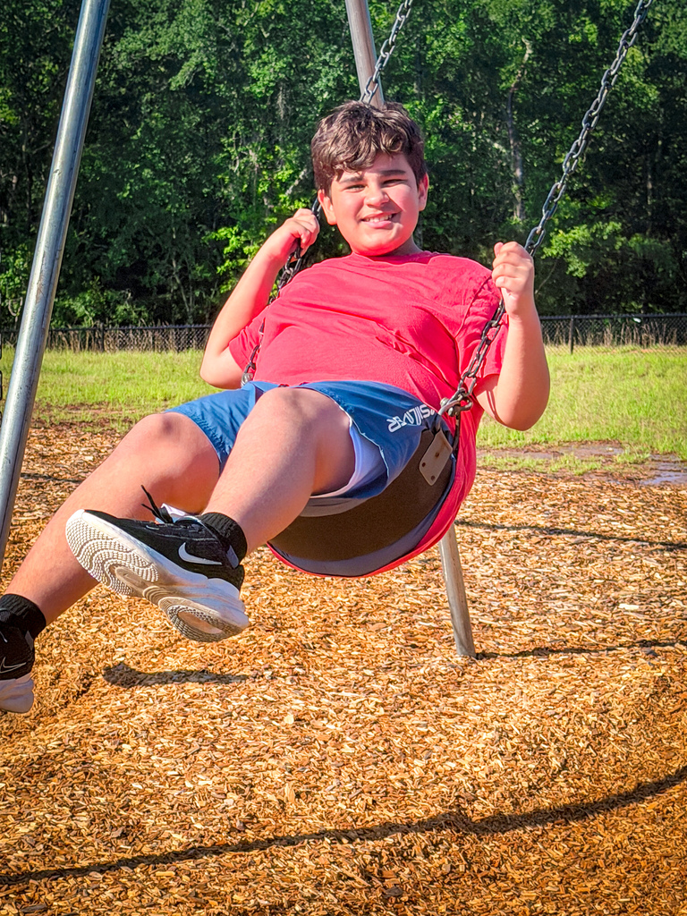 A boy wearing a red shirt, blue shorts, and sneakers sits on a swing, smiling. A grassy area and trees are in the background.