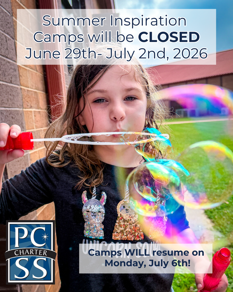 A girl blows bubbles outdoors; text overlay states Summer Inspiration Camps will be closed June 29th-July 2nd, 2026.