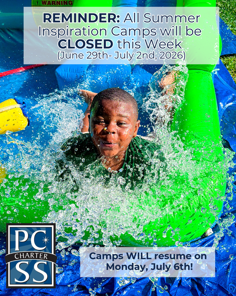 An image shows a child playing in a green water slide. A white box at the top has red text that reads "Reminder: All Summer Inspiration Camps will be CLOSED this Week."