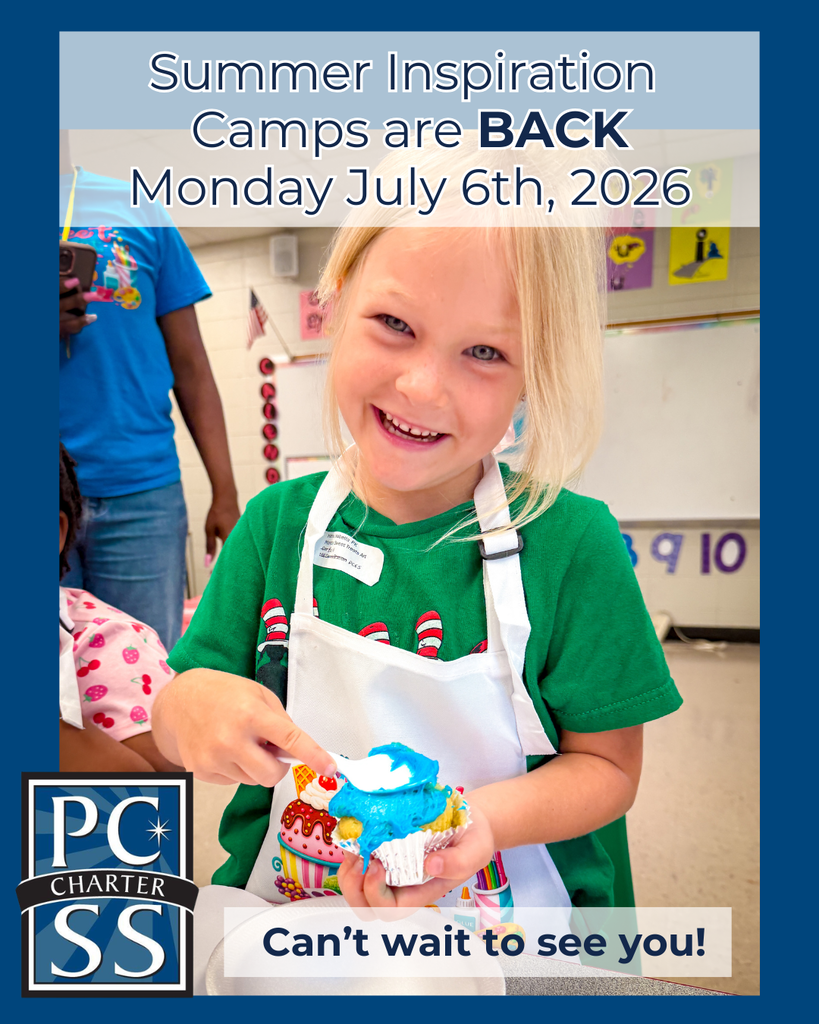 Child in a green shirt and apron, smiling, holding a cupcake with blue frosting. Behind her, two others are in a classroom. Text: "Summer Inspiration Camps are BACK Monday July 6th, 2026 Can't wait to see you!"
