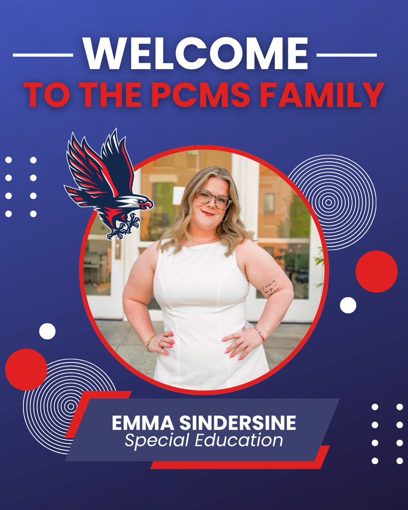 An advertisement poster displays a smiling woman in a white dress, standing outside. Text reads, "WELCOME TO THE PCMS FAMILY."