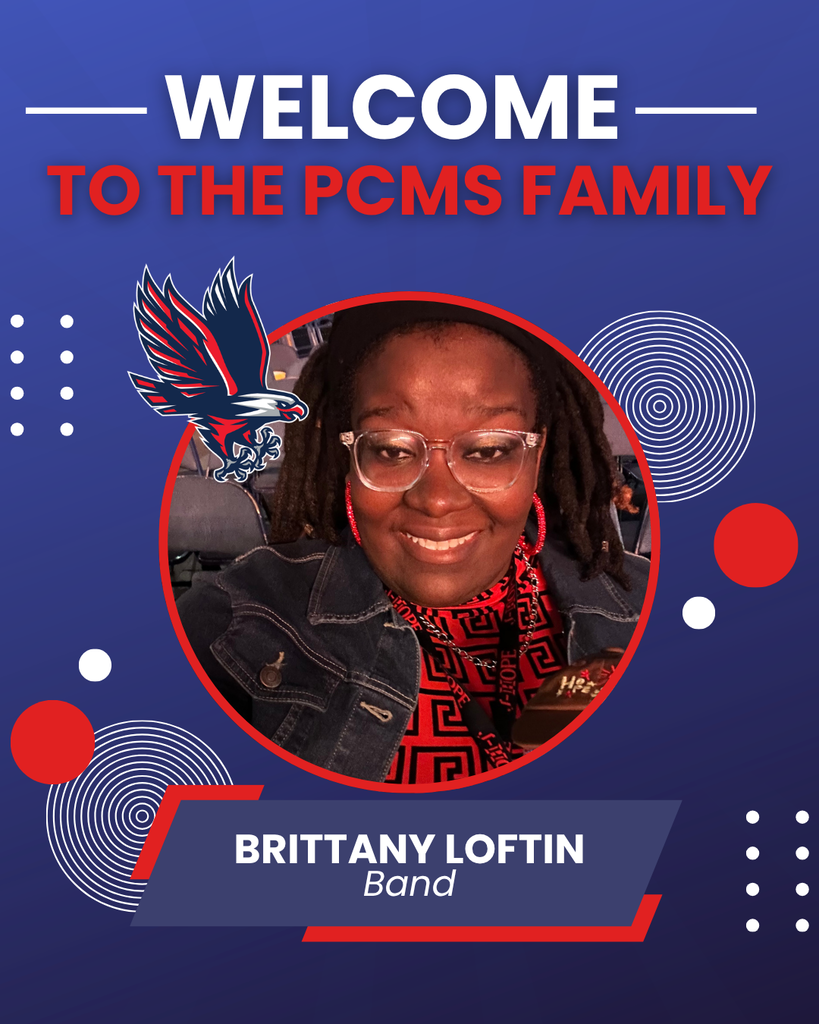 Blue banner with white and red shapes. It features a photo of a woman in a denim jacket and glasses.
