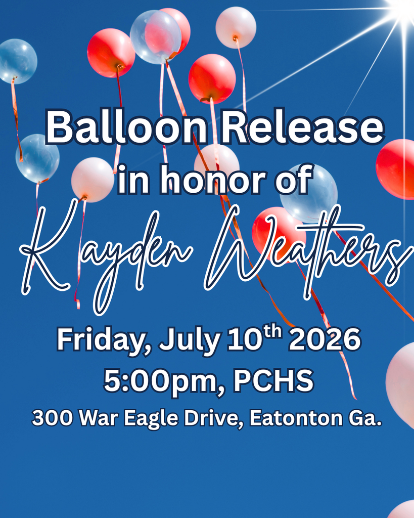 Blue sky with balloons floating. "Balloon Release in honor of Kayden Weathers" is written above the balloons.