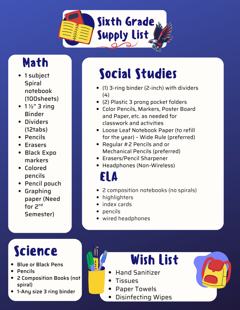 A blue background shows a list titled "Sixth Grade Supply List" with four categories: Math, Social Studies, ELA, and Science.