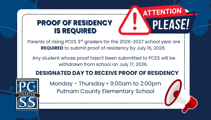 An announcement about proof of residency. Blue background with a red alert icon. Date July 16, 2026, and a school logo.