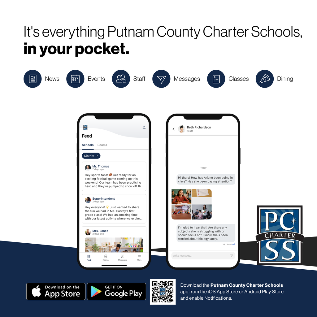 Two phones show the Putnam County Charter Schools app with icons for news, events, staff, messages, classes, dining.