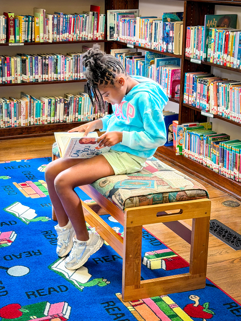 A young child with braided hair, wearing a blue hoodie, sits on a bench reading a book.