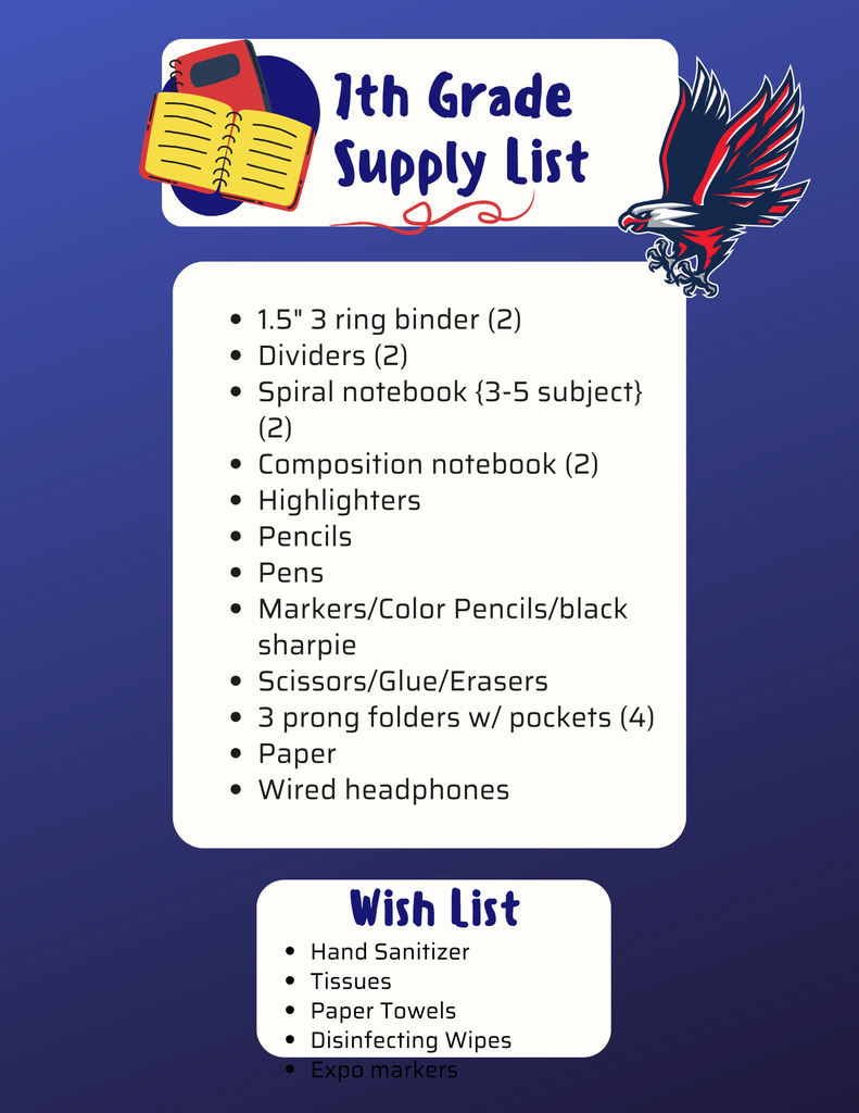 A blue background displays a list of 11th-grade school supplies, including ring binders, composition notebooks, and highlighters.