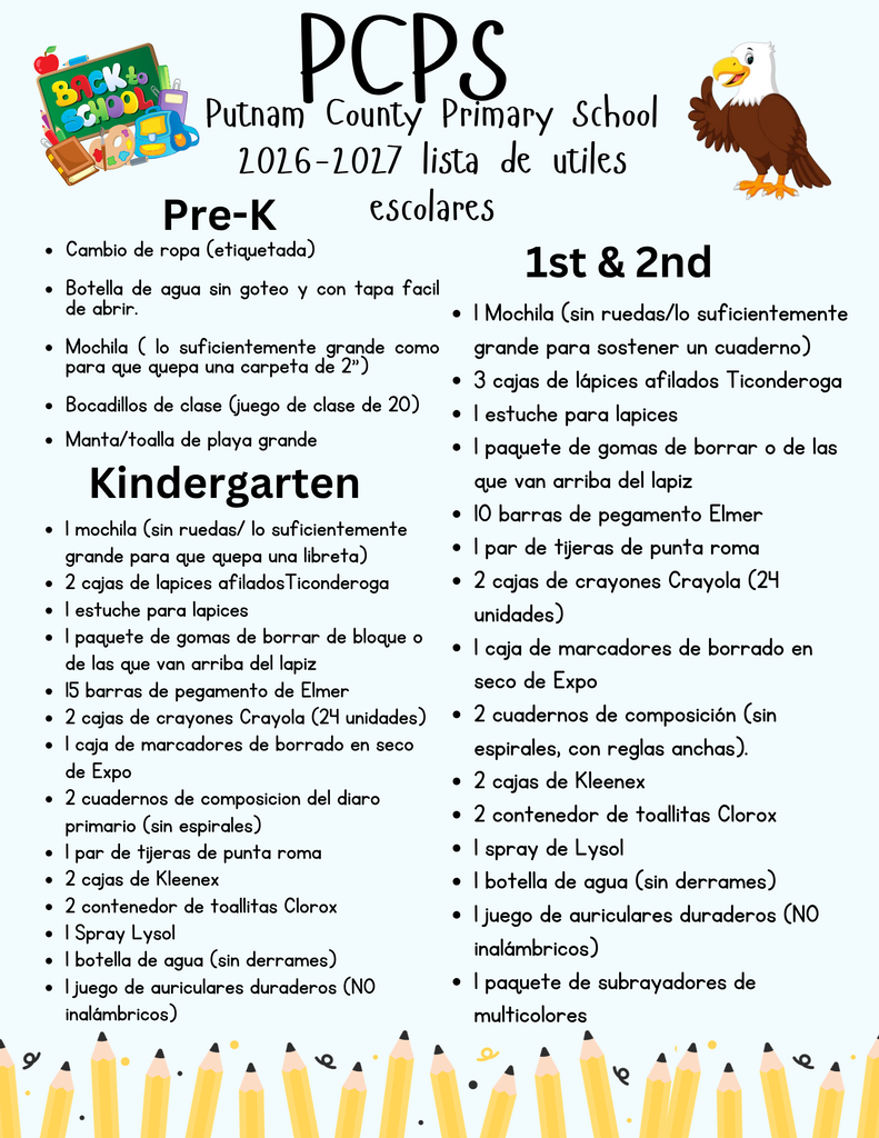 26-27 Putnam County Primary School Supply List Spanish