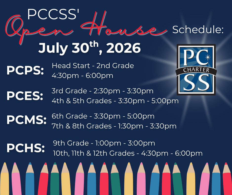 Poster for PCCSS Open House event on July 30, 2026. Grades from Head Start to 12th. Pencils in various colors.